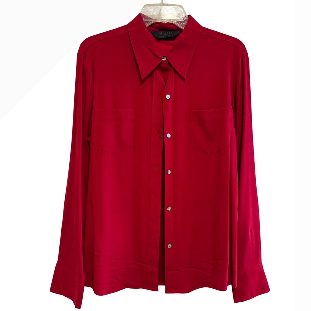 Express World Brand Red Silk Stretch Button Down Blouse Shirt Size 11/12 Pockets